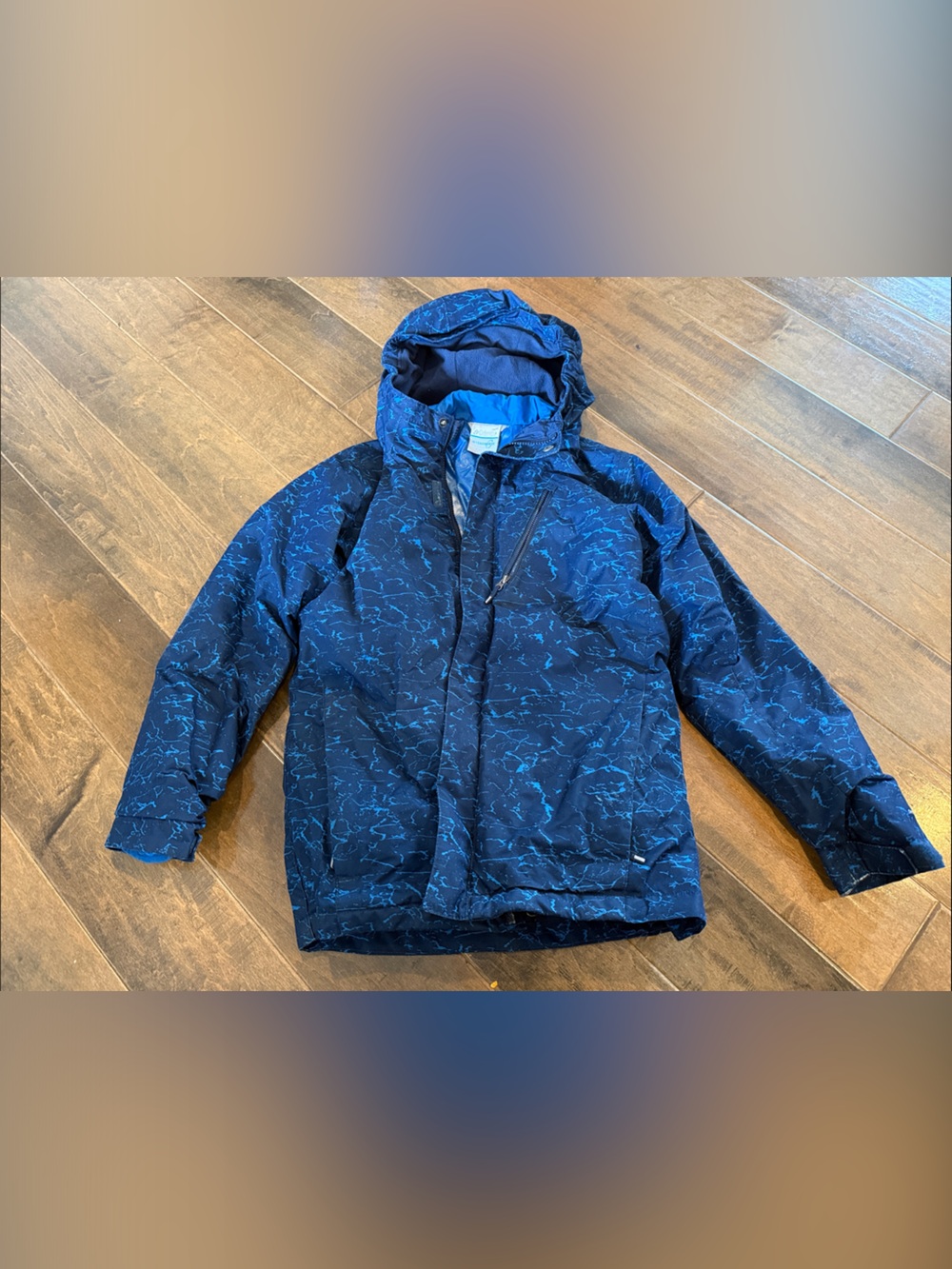Columbia Kids Navy Blue Hooded Raincoat with Light Blue Marble Print